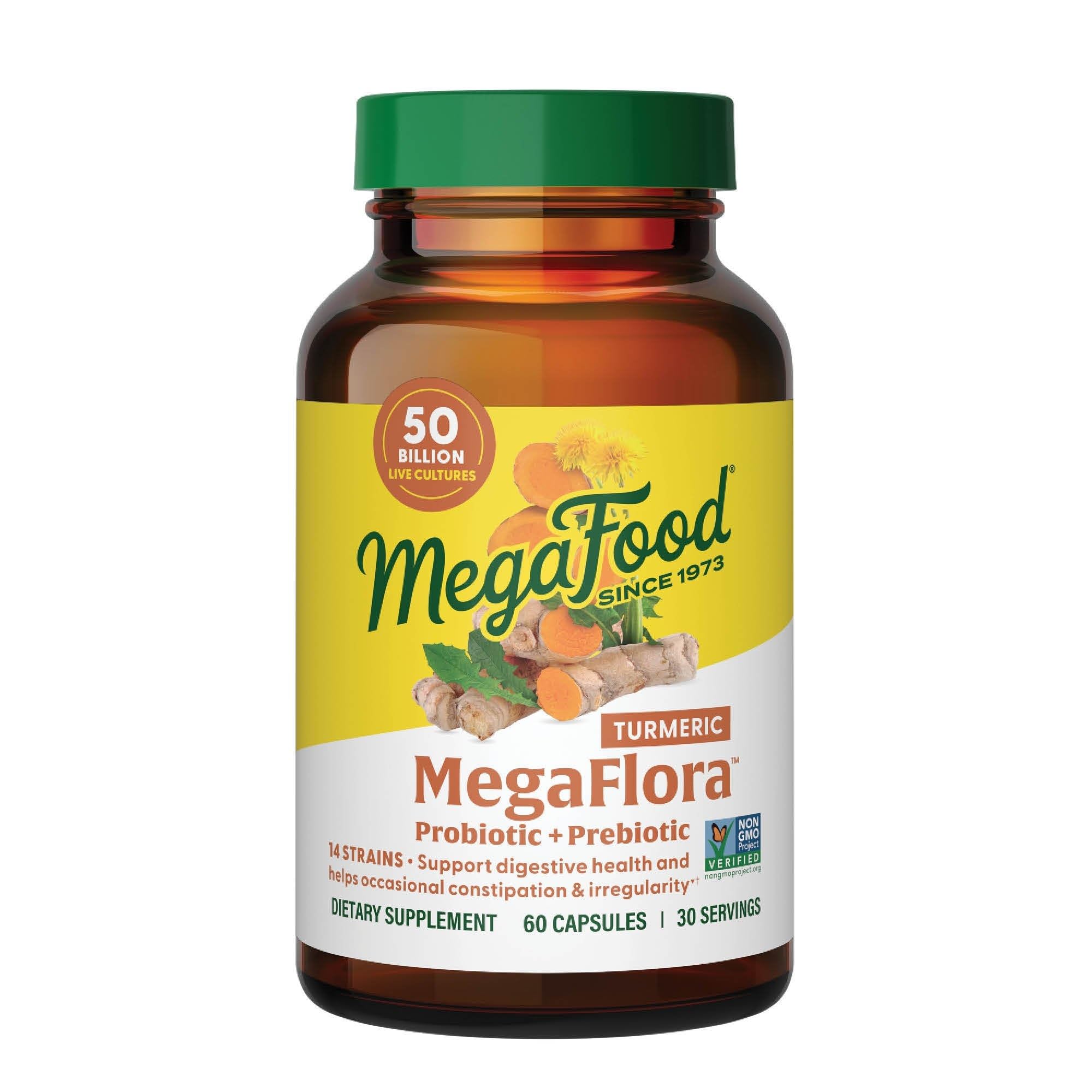 MegaFood MegaFlora turmeric bottle for digestive support and daily probiotic use