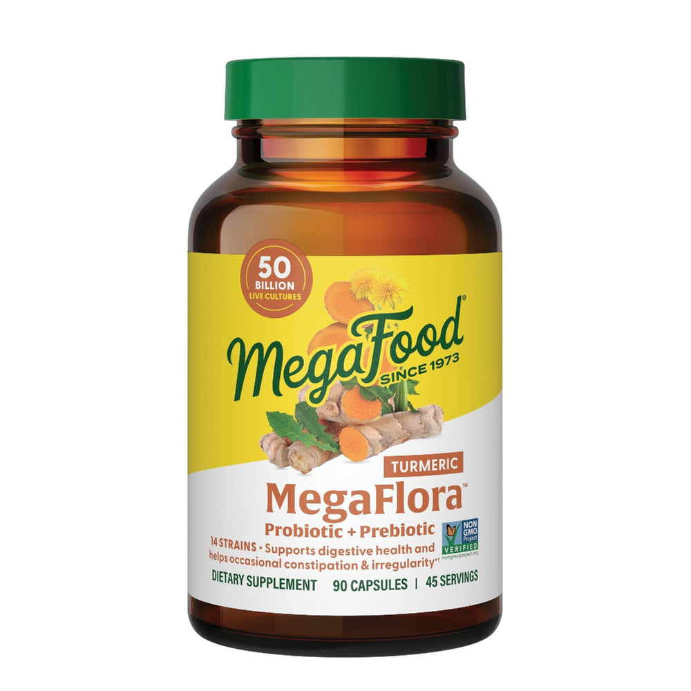 MegaFood MegaFlora turmeric bottle highlights digestive support ingredients