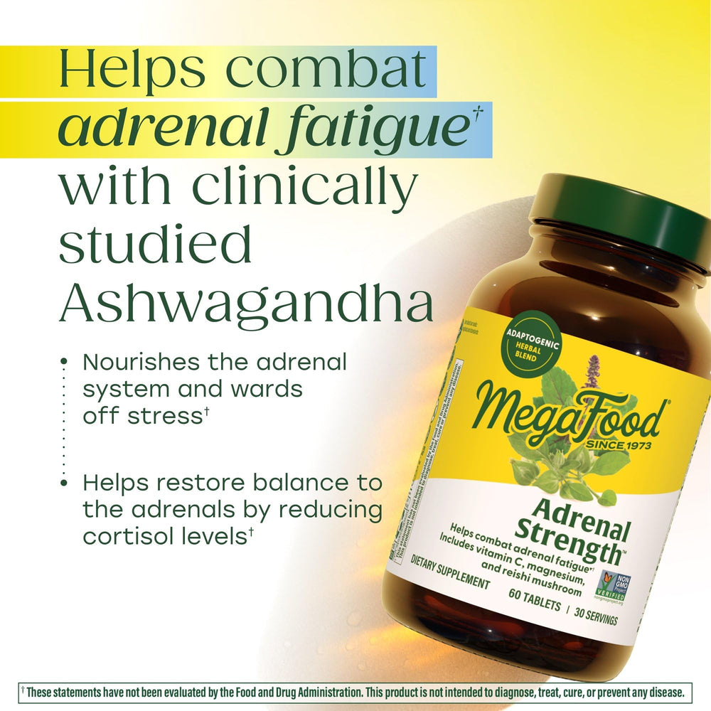 MegaFood Adrenal Strength with Sensoril ashwagandha highlighting stress response support