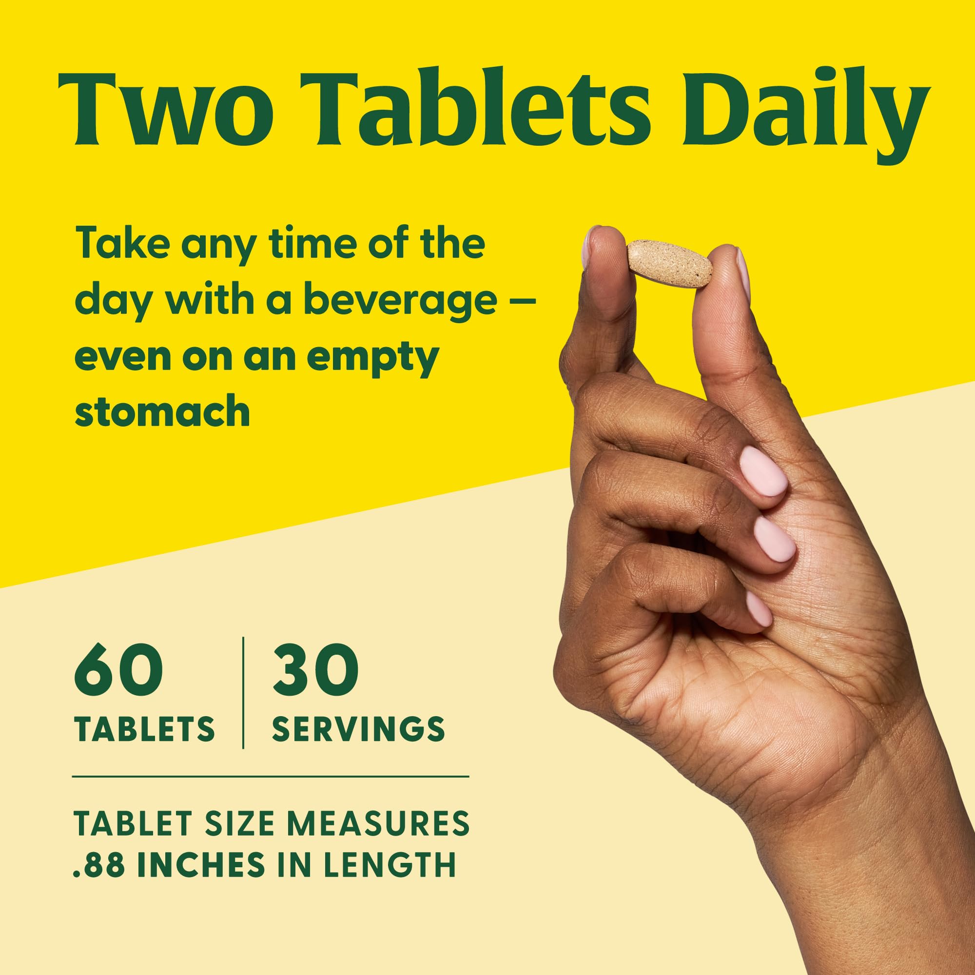 Two-tablet serving shown for easy daily cortisol balance with MegaFood Adrenal Strength.