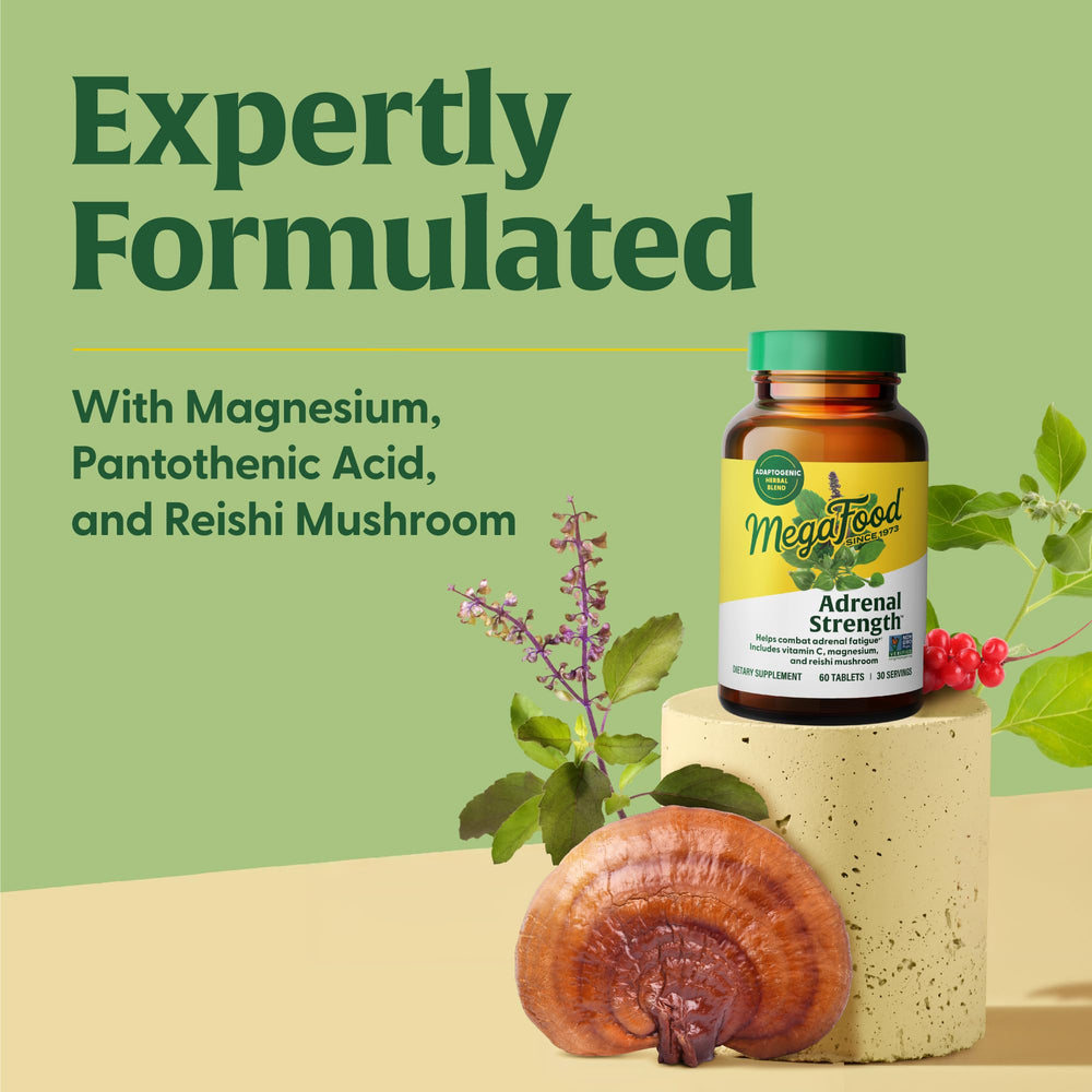 MegaFood Adrenal Strength real ingredients like holy basil and reishi for adrenal support.