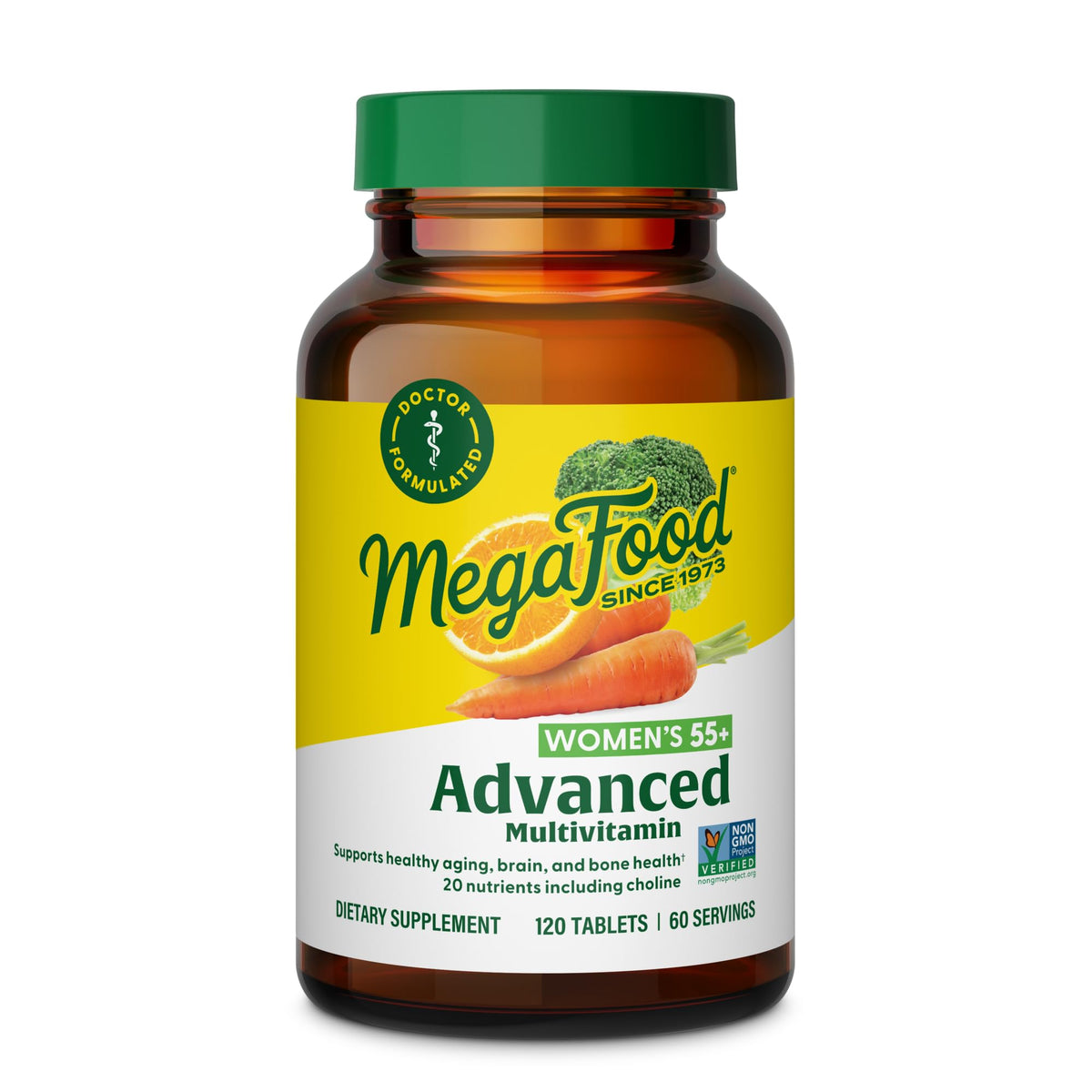 MegaFood Advanced Multivitamin for Women 55+ bottle front showing age-specific formula.