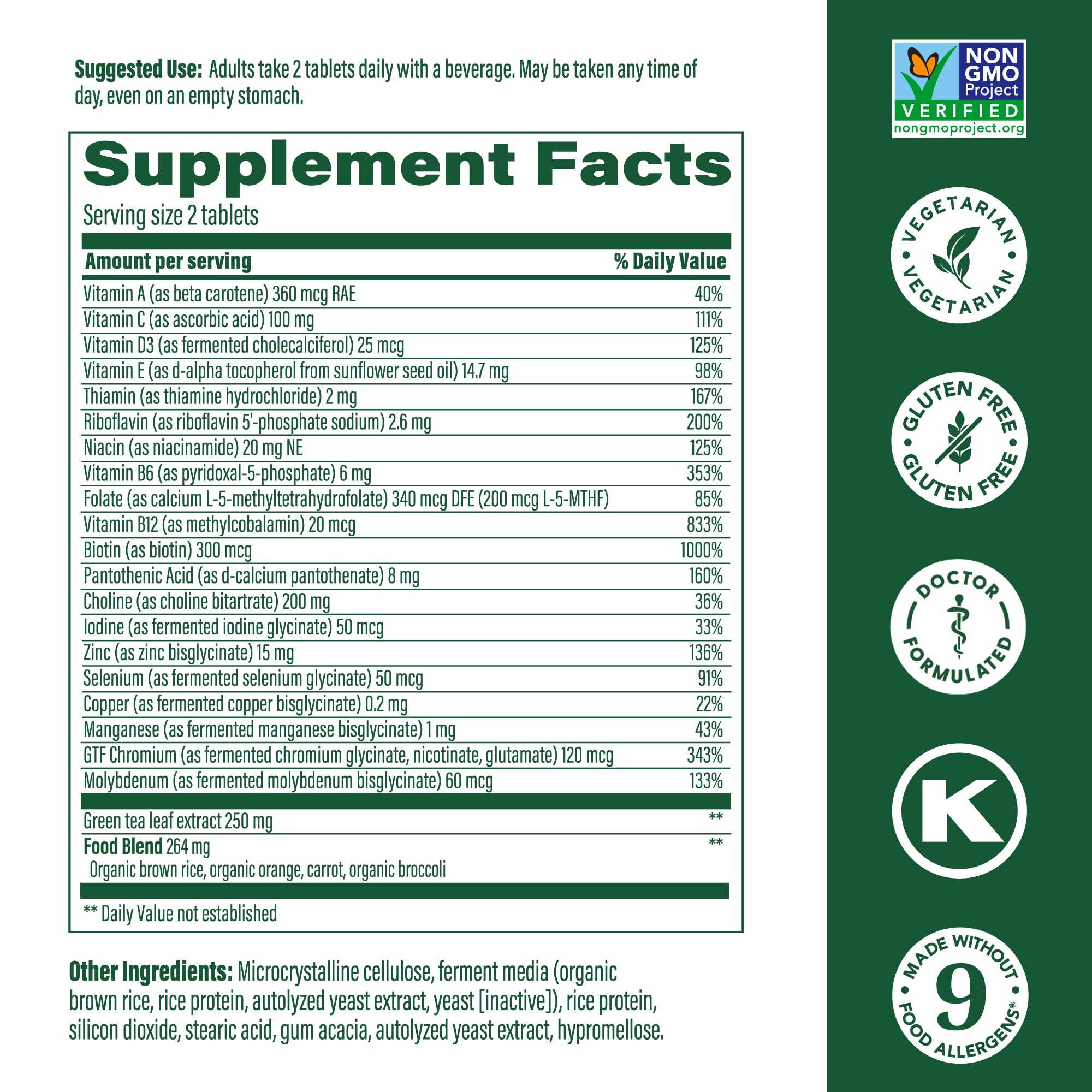 Label highlights methylated B vitamins and vitamin D3 in MegaFood 55+ formula.