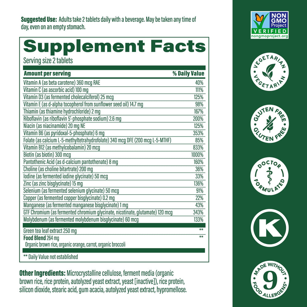 Label highlights methylated B vitamins and vitamin D3 in MegaFood 55+ formula.