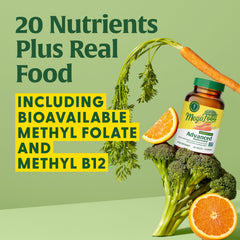 Two MegaFood pills on a spoon illustrating flexible daily dosing.