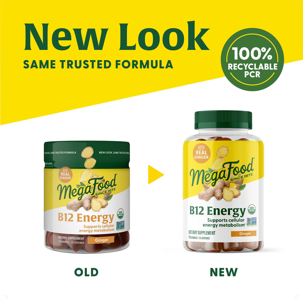 Close-up of MegaFood B12 Energy Gummies showing chewy texture and ginger note.