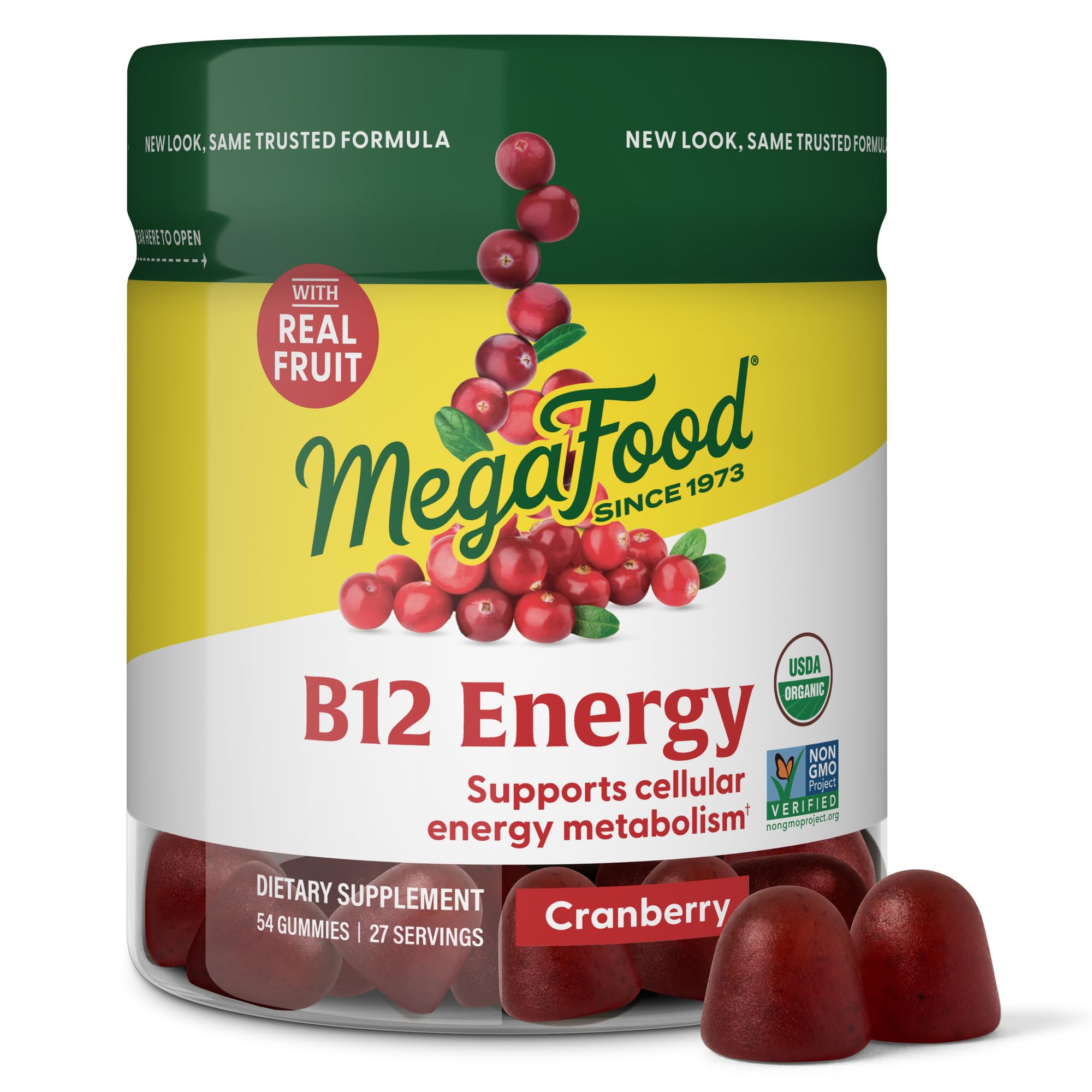 MegaFood B12 Energy Gummies cranberry label highlights vegan, organic energy support.