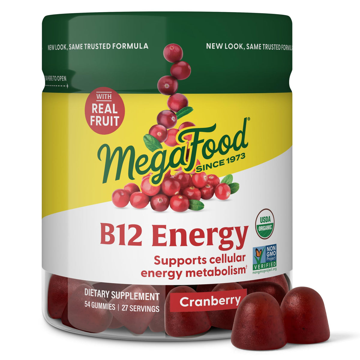 MegaFood B12 Energy Gummies cranberry label highlights vegan, organic energy support.