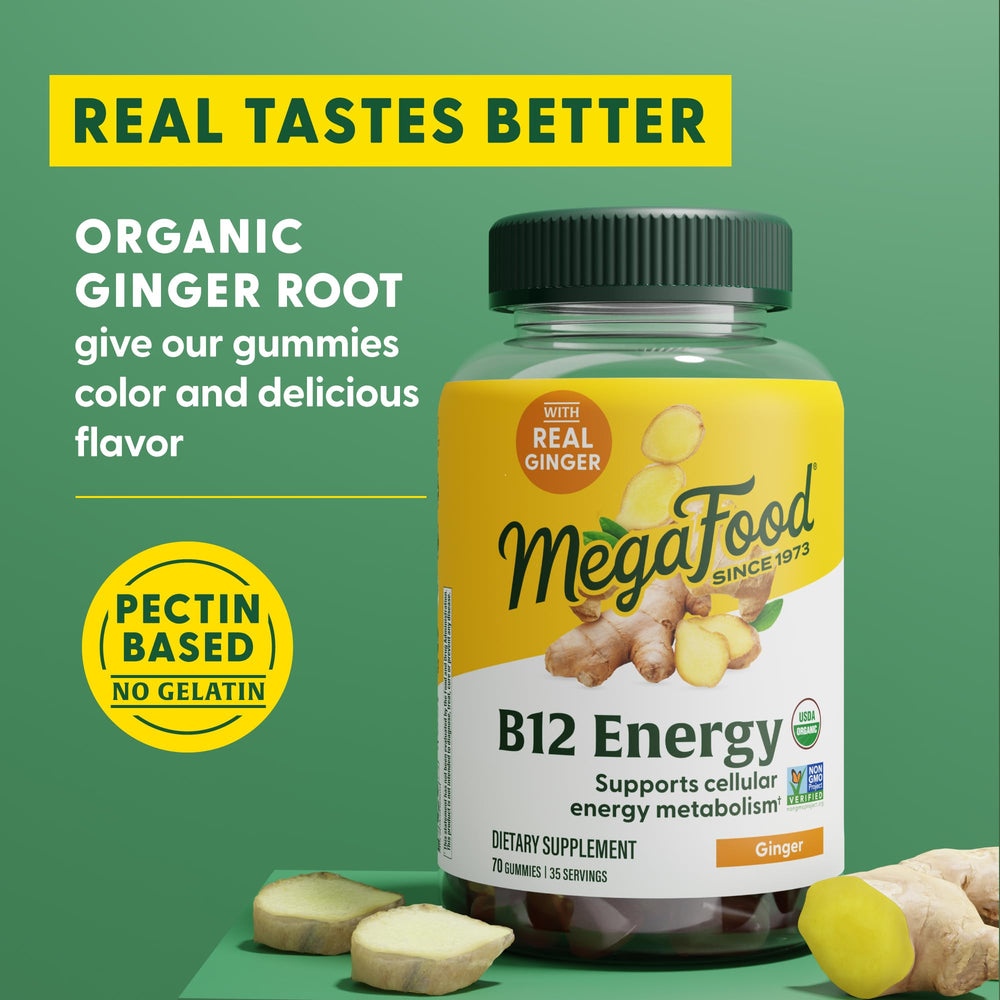 Family-friendly MegaFood B12 Energy Gummies used by adults and kids four plus.