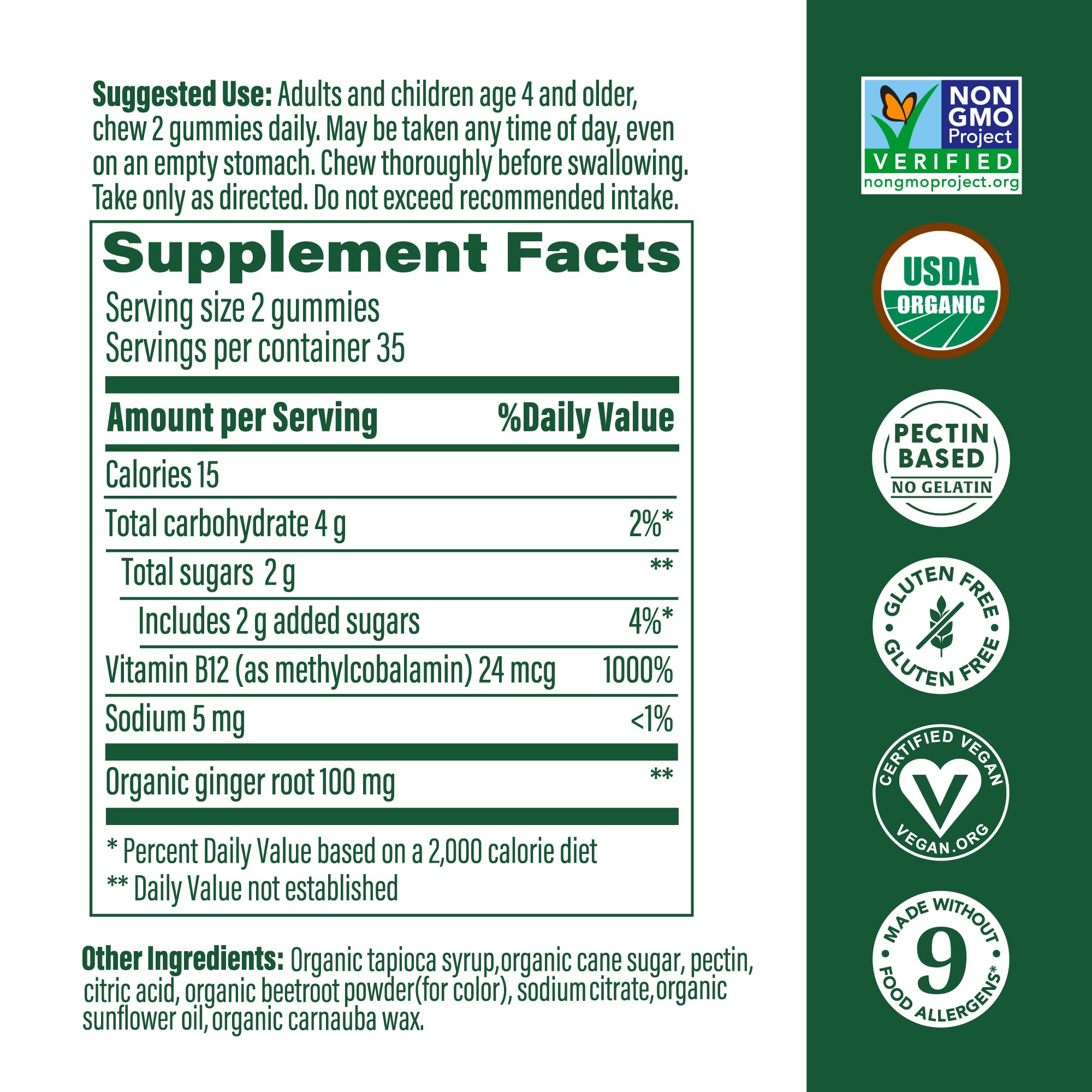 MegaFood B12 Energy Gummies ginger root flavor for natural taste and vitality.