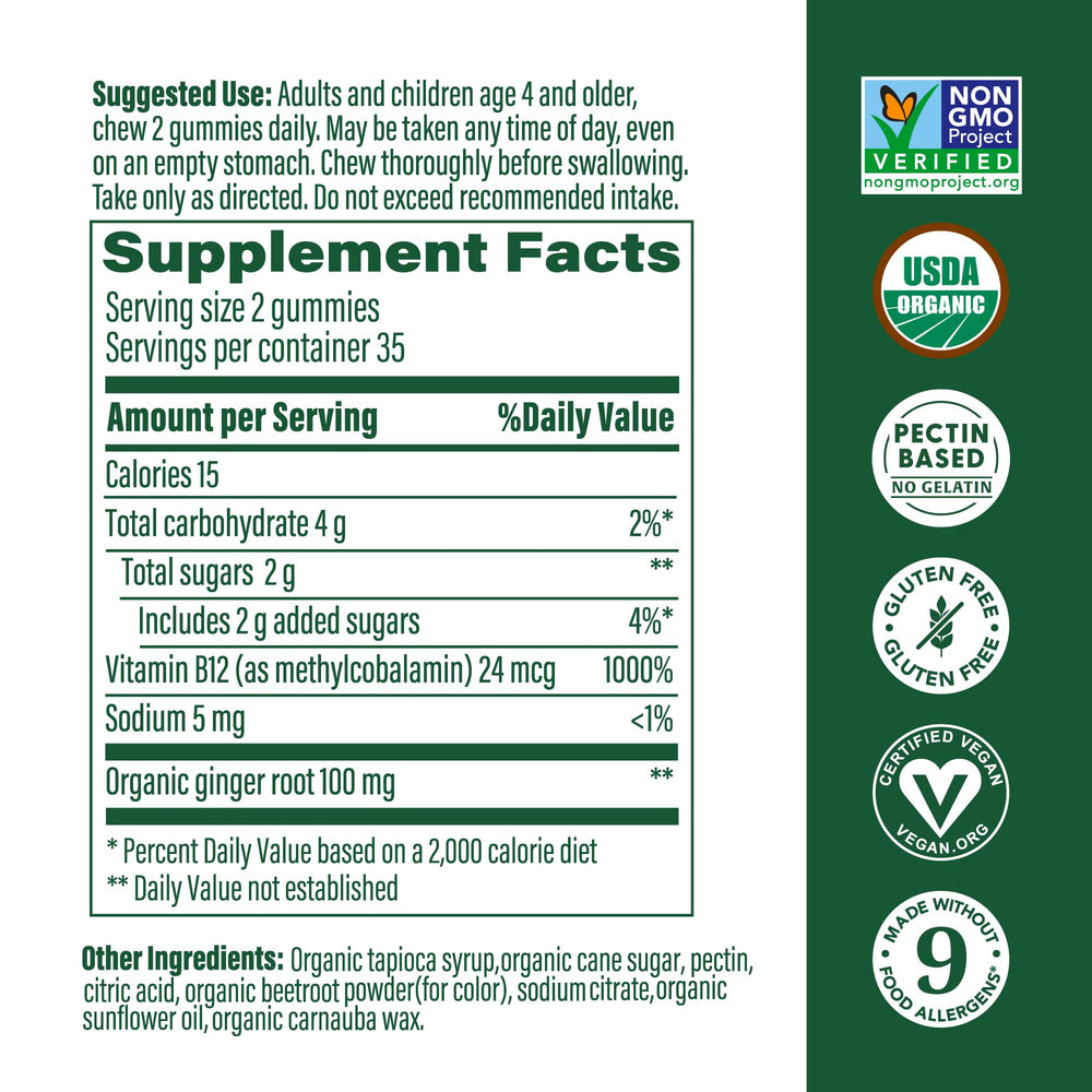 MegaFood B12 Energy Gummies ginger root flavor for natural taste and vitality.