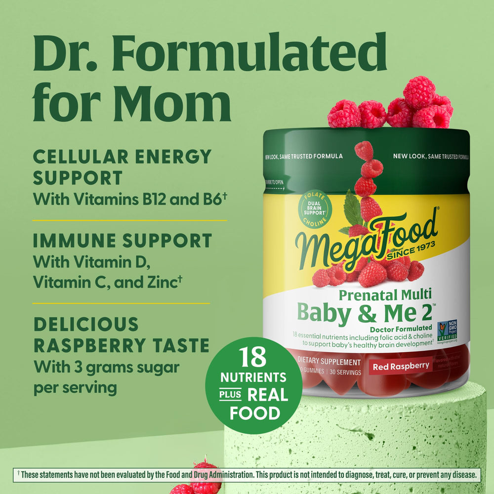 MegaFood Baby & Me 2 ingredient panel emphasizes non-GMO and vegetarian formula.