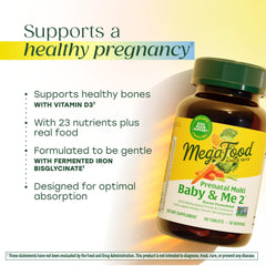 Close-up nutrition facts on MegaFood Baby & Me 2 label for key vitamins