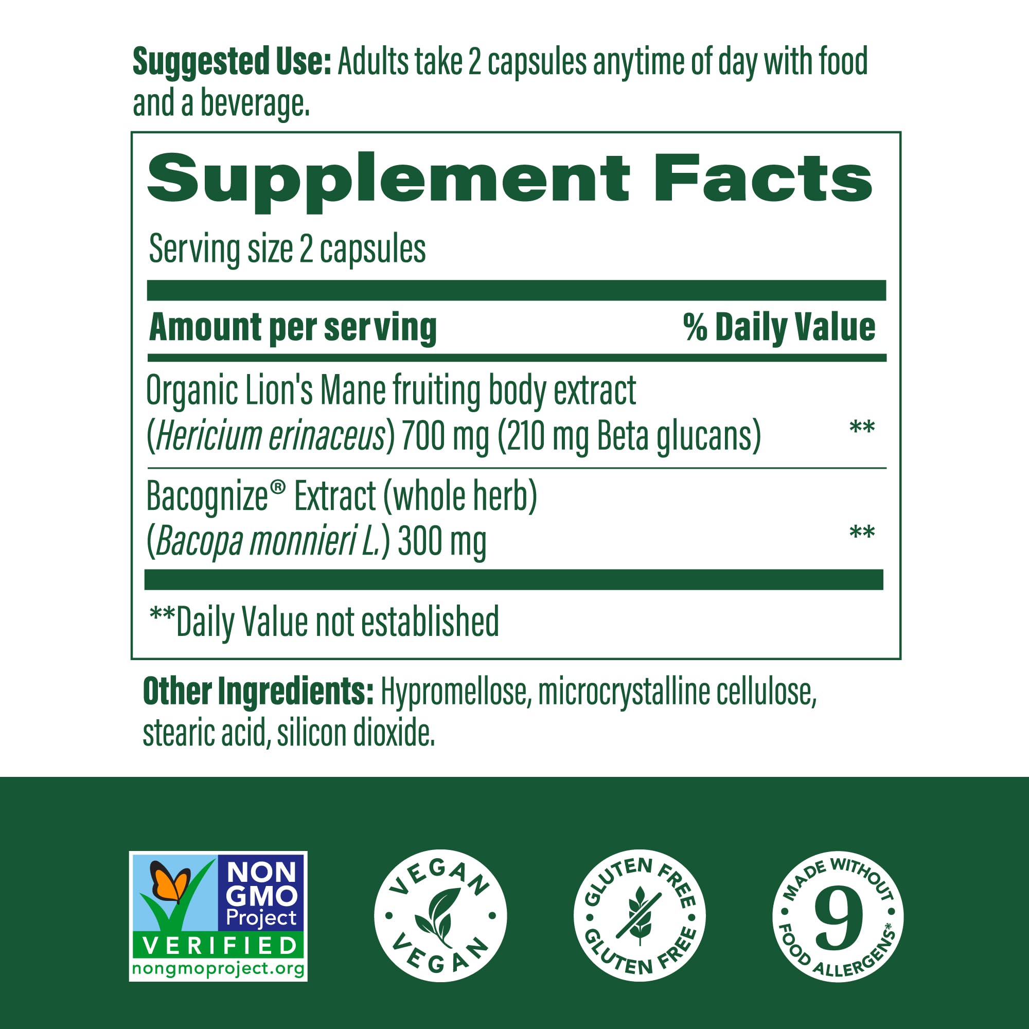 MegaFood Bacopa Monnieri bottle highlighting adaptogen for attention and memory support.