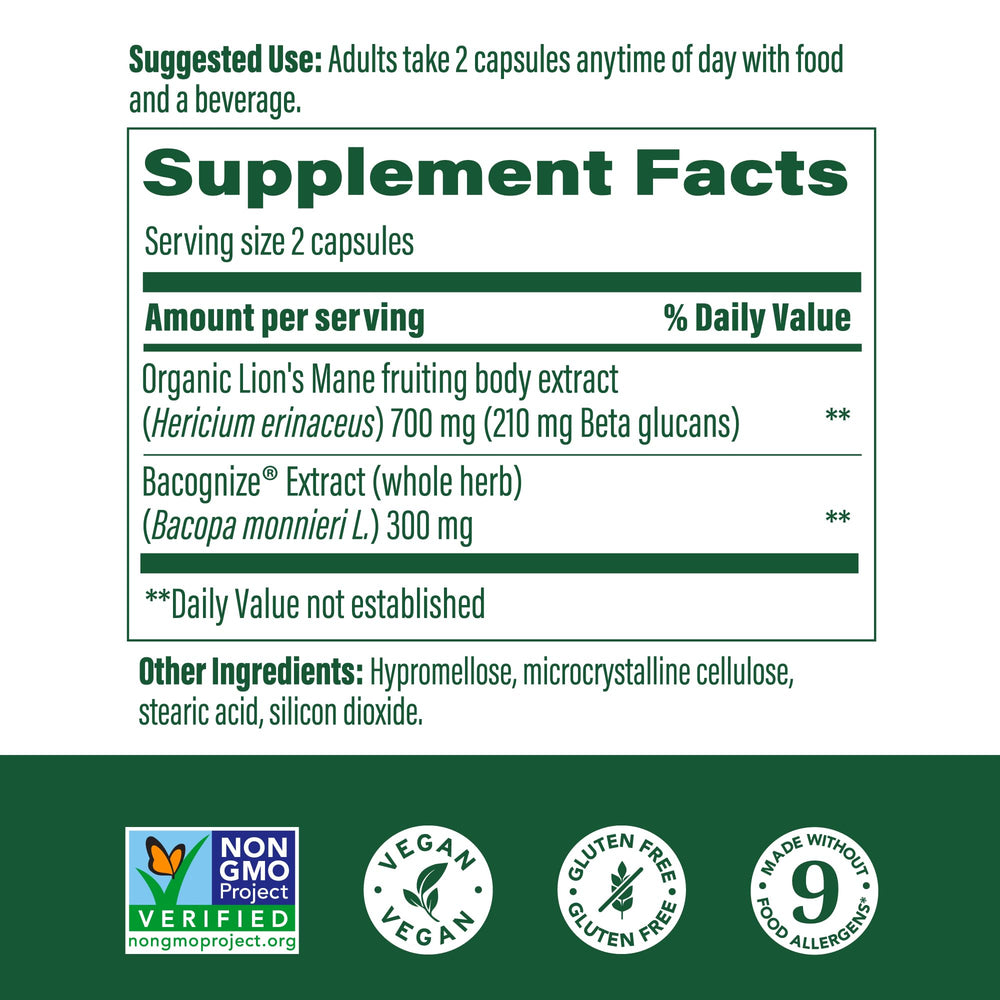 MegaFood Bacopa Monnieri bottle highlighting adaptogen for attention and memory support.