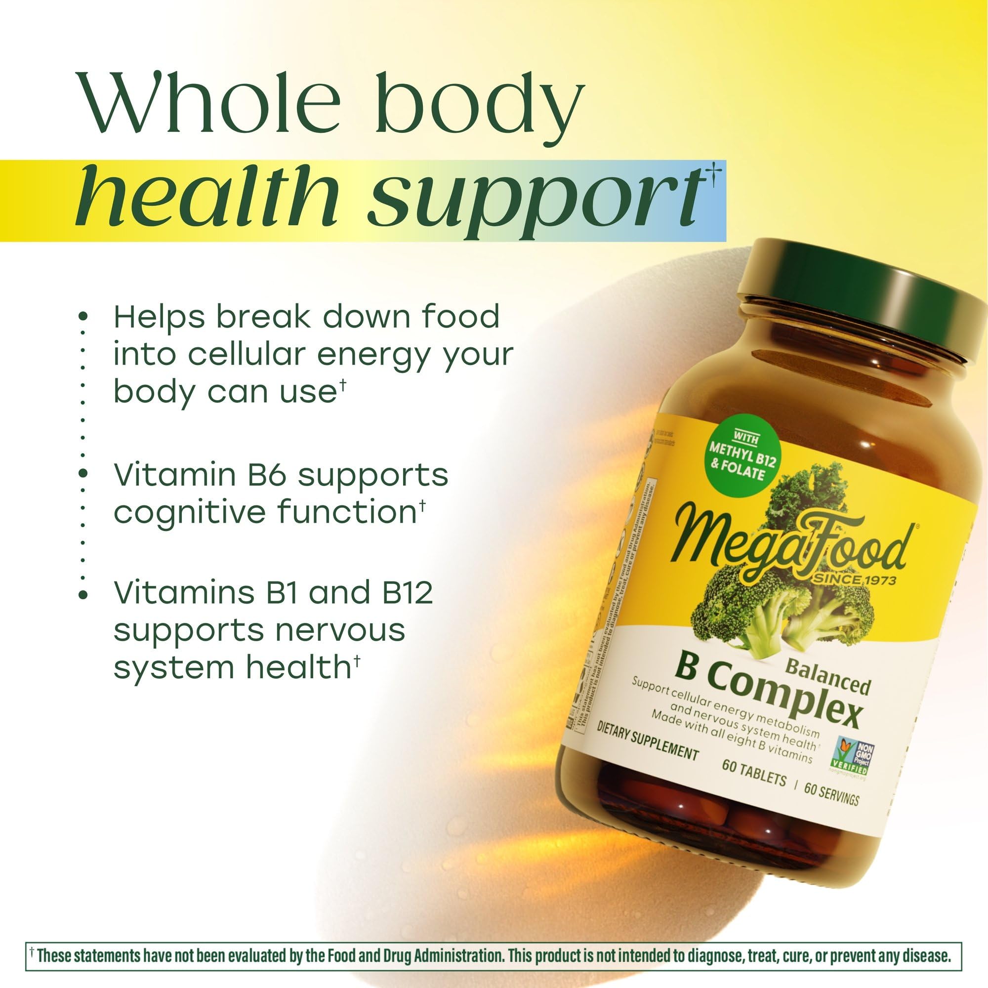 Megafood Balanced B Complex with real-food ingredients like kale and broccoli on the label.
