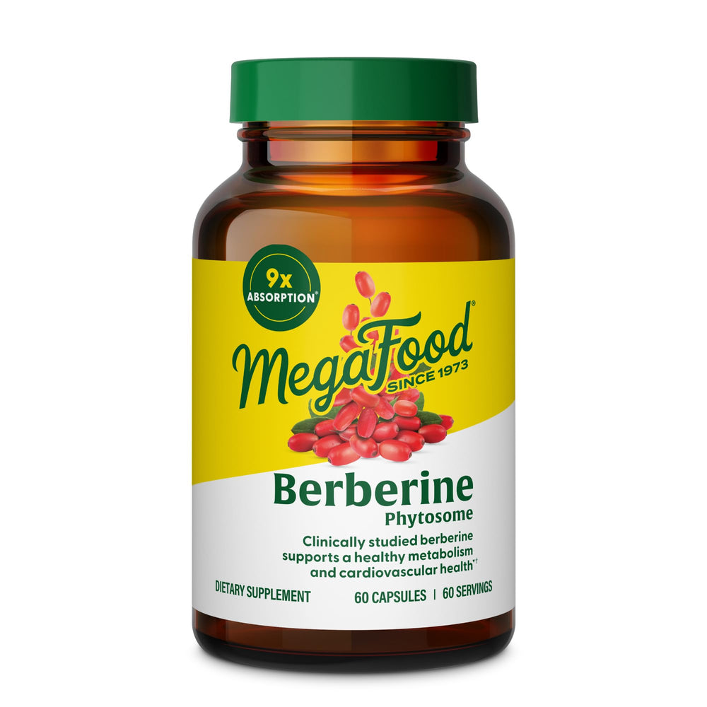 MegaFood Berberine Phytosome bottle close-up showing 550 mg per serving for metabolism support