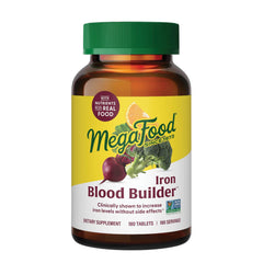 MegaFood Blood Builder bottle front view illustrating gentle iron support for daily energy.