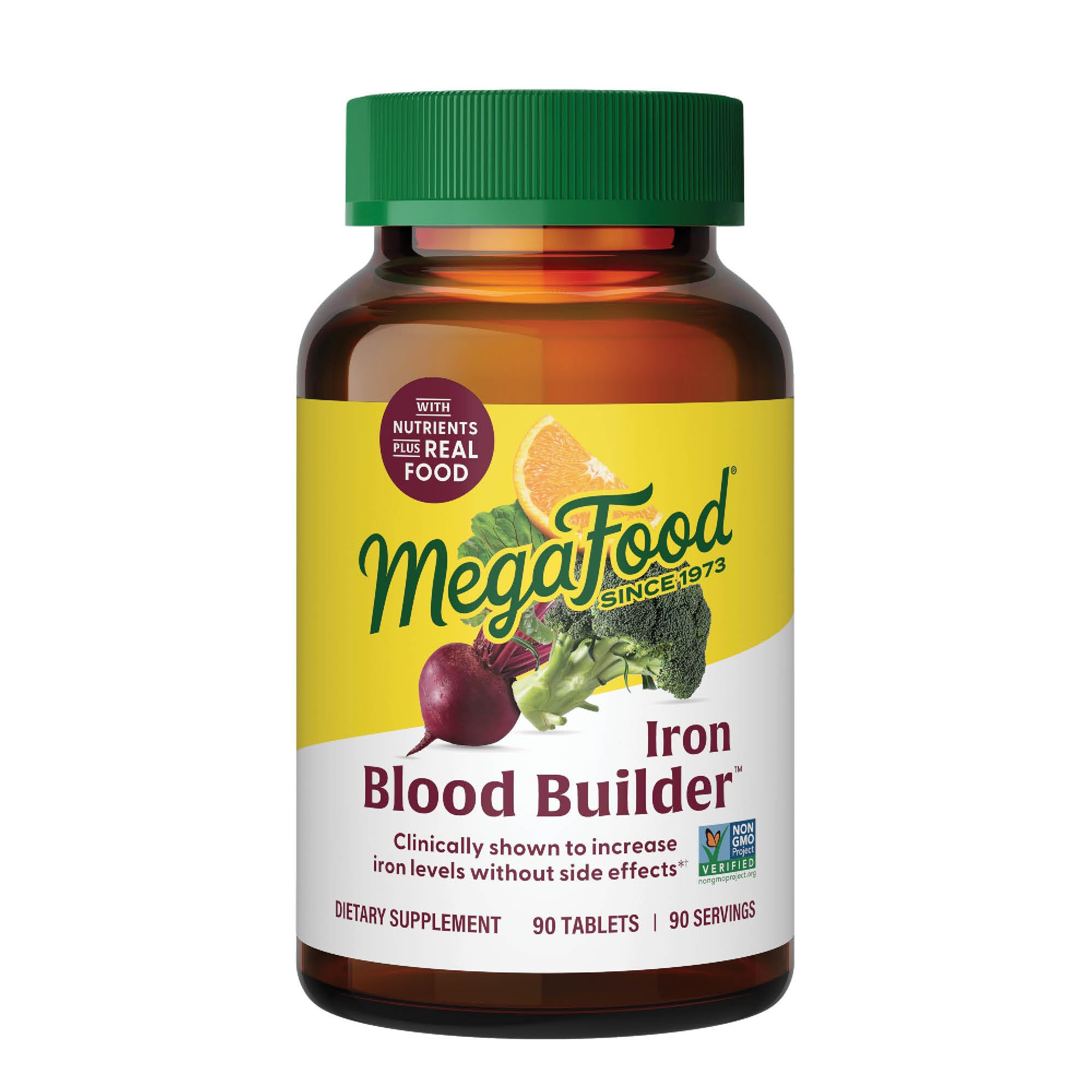 MegaFood Blood Builder bottle front shows vegan iron support for daily energy.