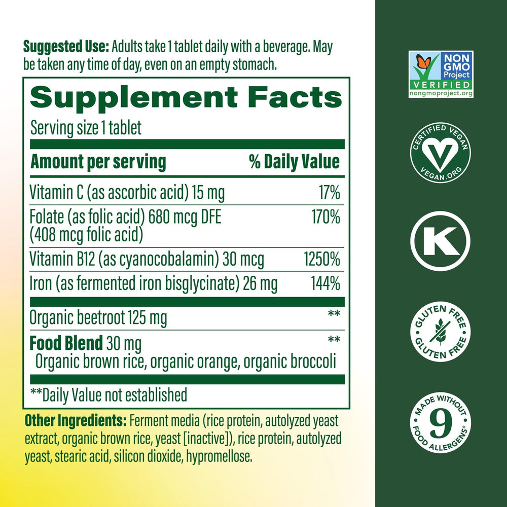 MegaFood Blood Builder bottle front highlights vegan-friendly iron option for adults.