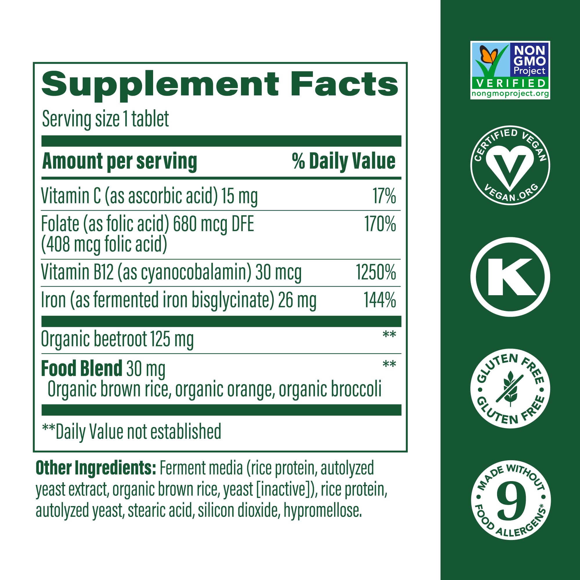 MegaFood Blood Builder label detail shows vegan non-GMO formula for clean sourcing.
