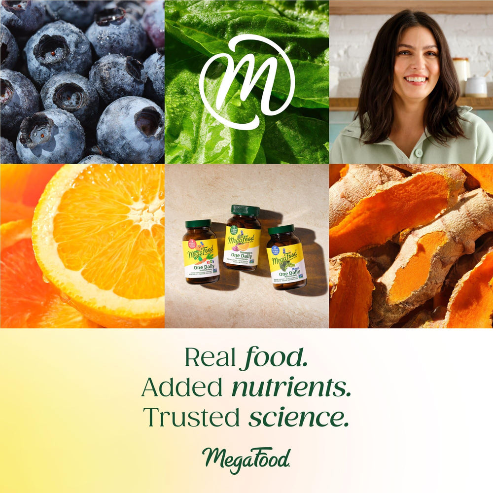 Glass of water beside MegaFood Blood Builder bottle for daily use