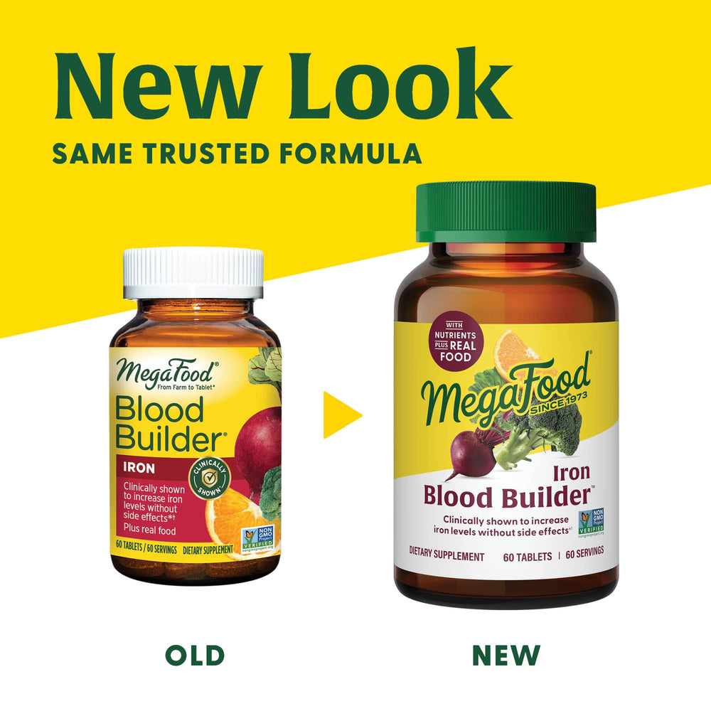 MegaFood Blood Builder tablets close-up highlighting easy-to-swallow iron.