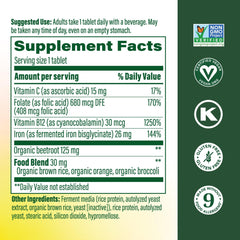 Close-up of MegaFood Blood Builder tablets highlights gentle iron with vitamin C.