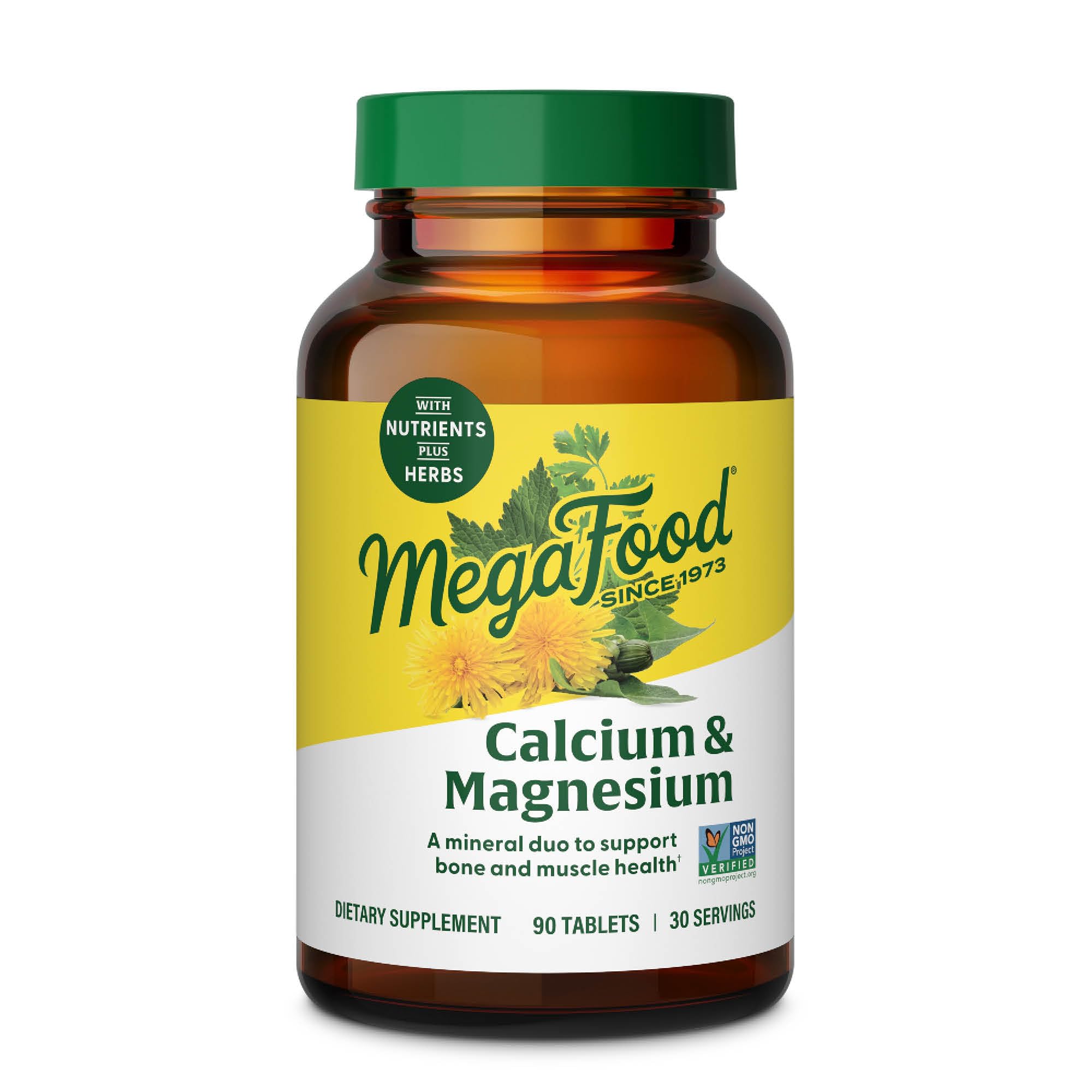 MegaFood Calcium and Magnesium bottle showing vegan mineral formula for bone and muscle support