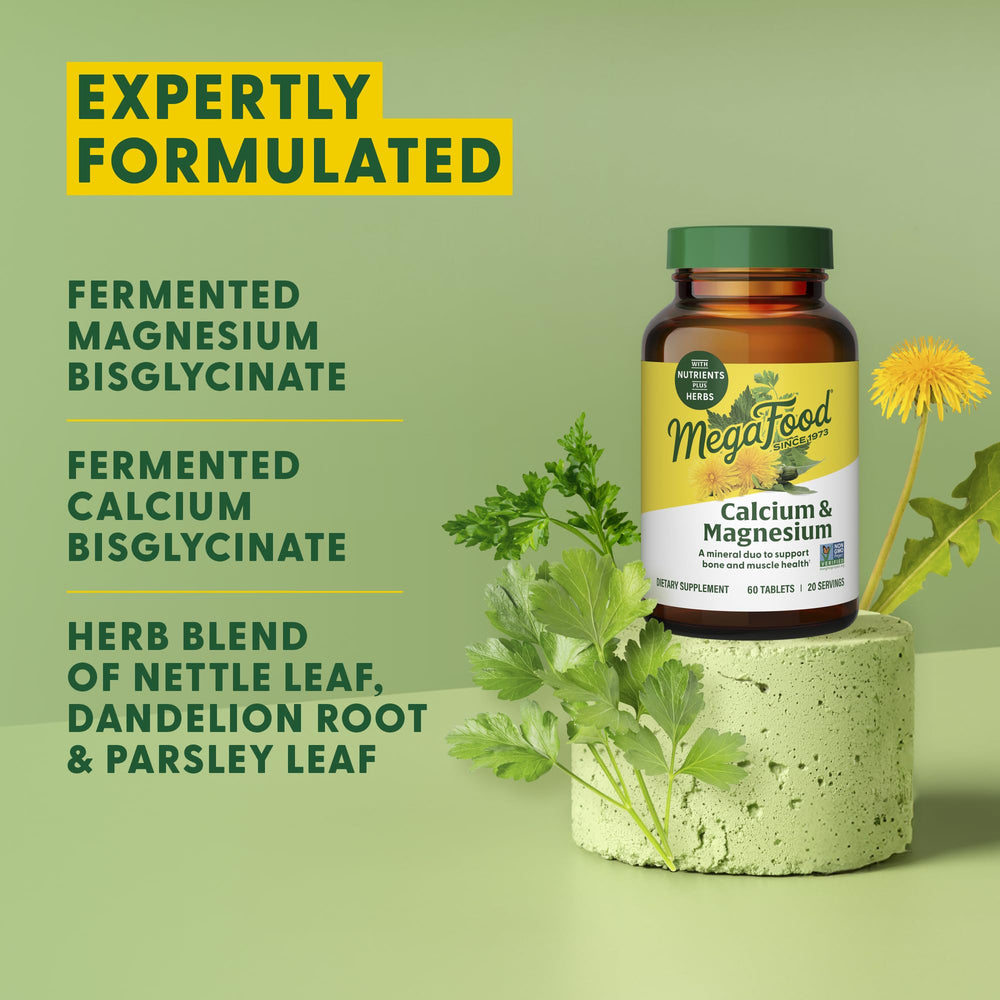 MegaFood ingredients panel highlighting calcium and magnesium nutrients for bone health