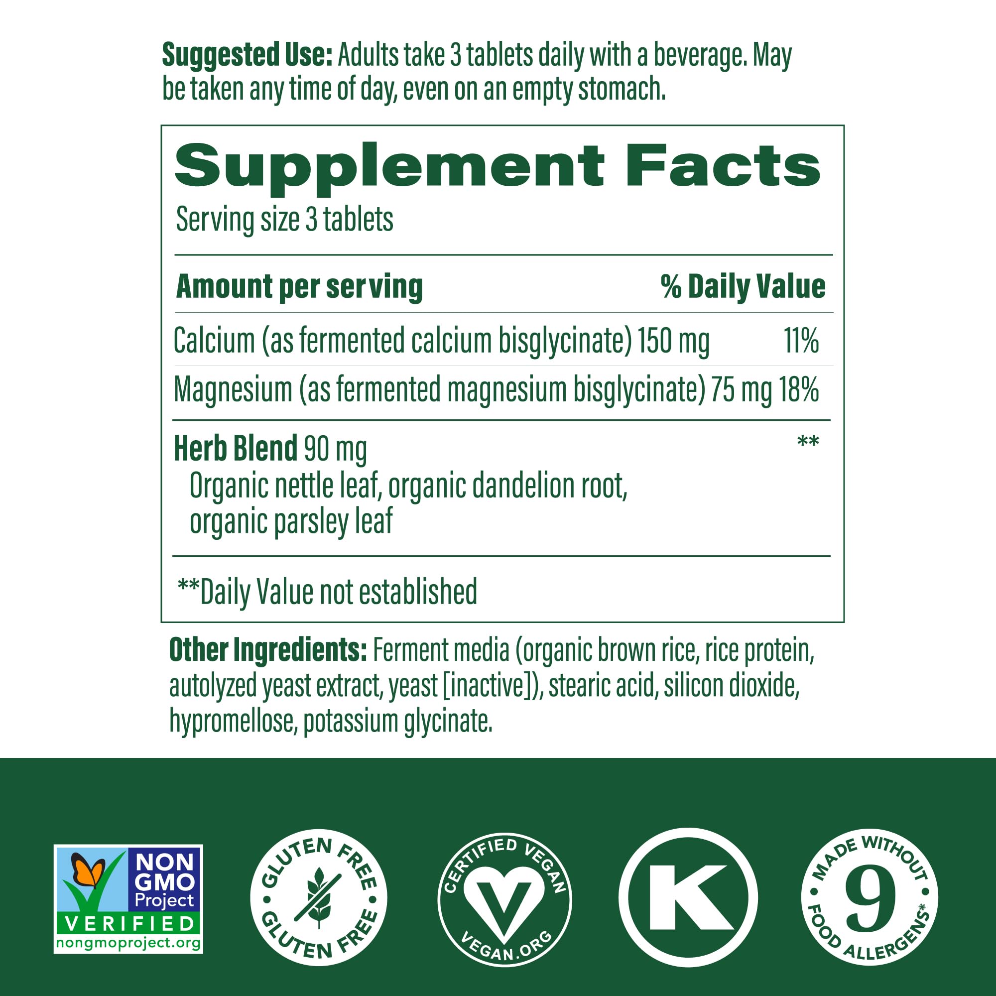 MegaFood Calcium and Magnesium label indicating allergen-free vegan supplement