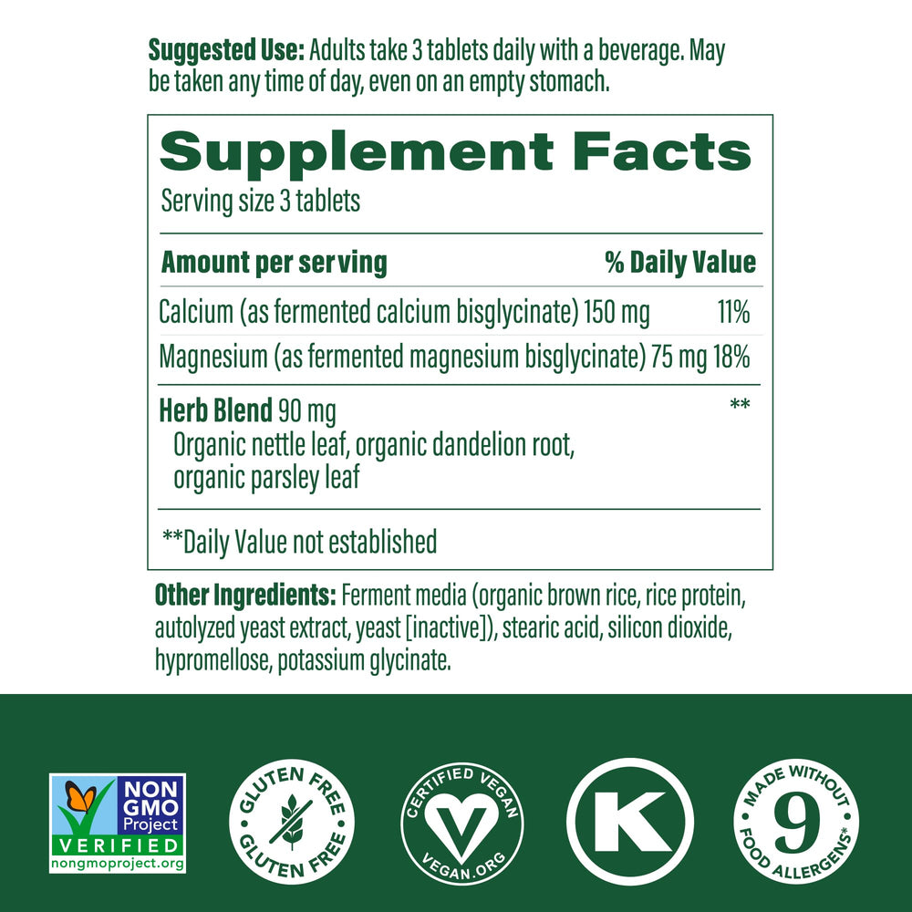 MegaFood Calcium Magnesium bottle side view showing 60 tablets for daily use.