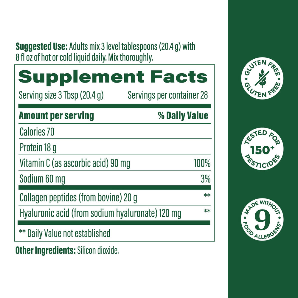 MegaFood Collagen Peptides with hyaluronic acid highlight skin hydration benefits