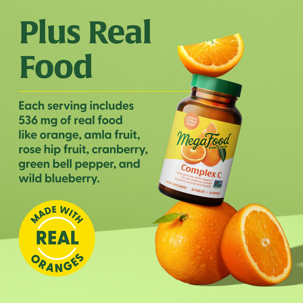 Gluten-free and vegan badge on MegaFood Complex C packaging