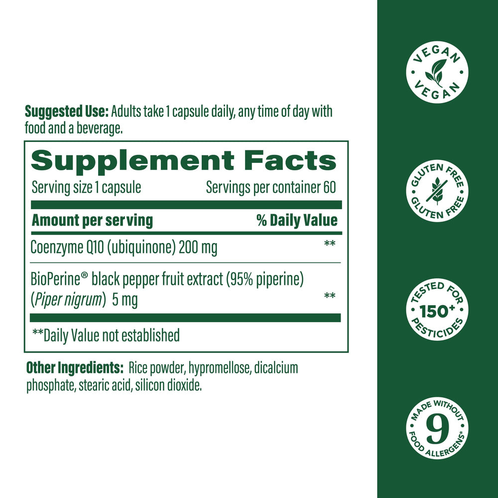 Closeup of MegaFood CoQ10 capsules showing 200mg per serving.