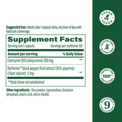 Closeup of MegaFood CoQ10 capsules showing 200mg per serving.