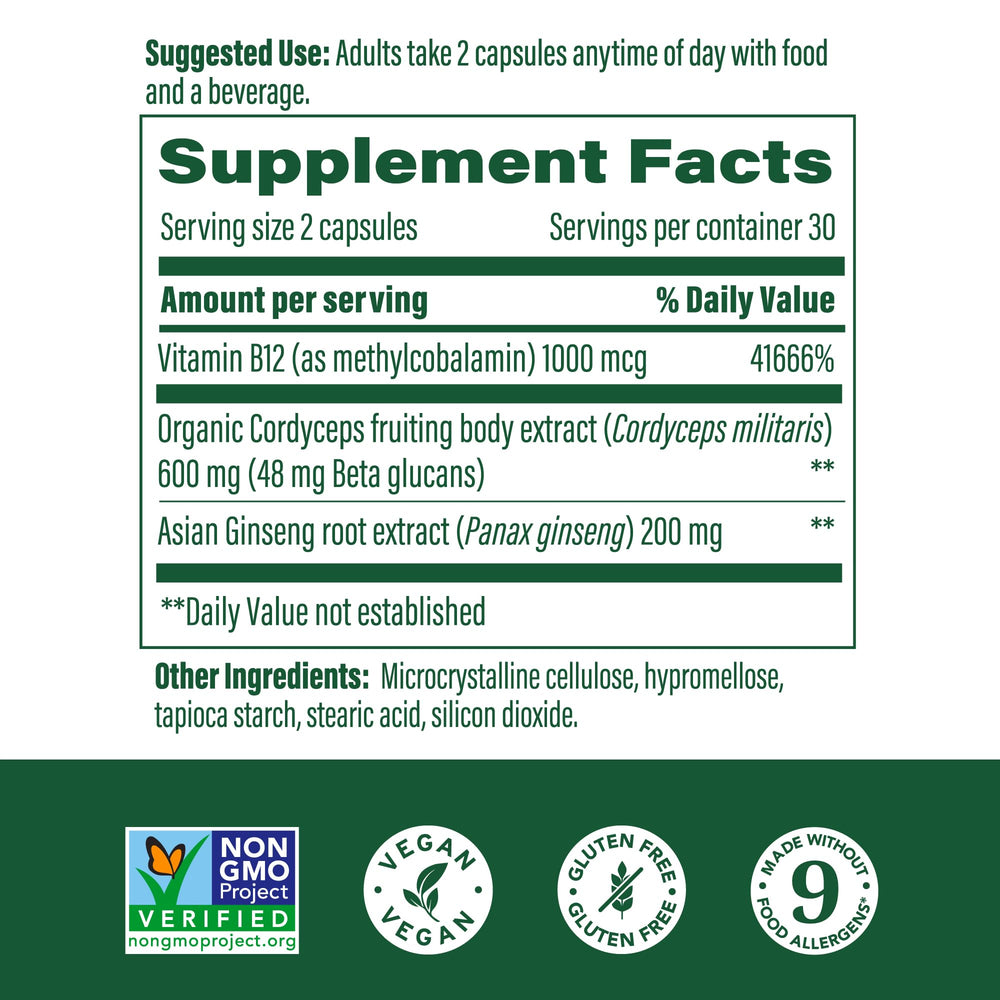 MegaFood Cordyceps capsules closeup highlighting convenient daily capsule
