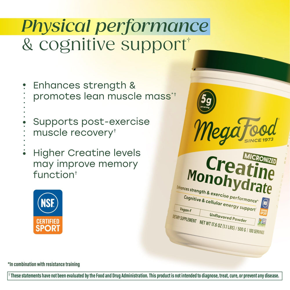 MegaFood creatine powder dissolves in water during workouts for rapid hydration
