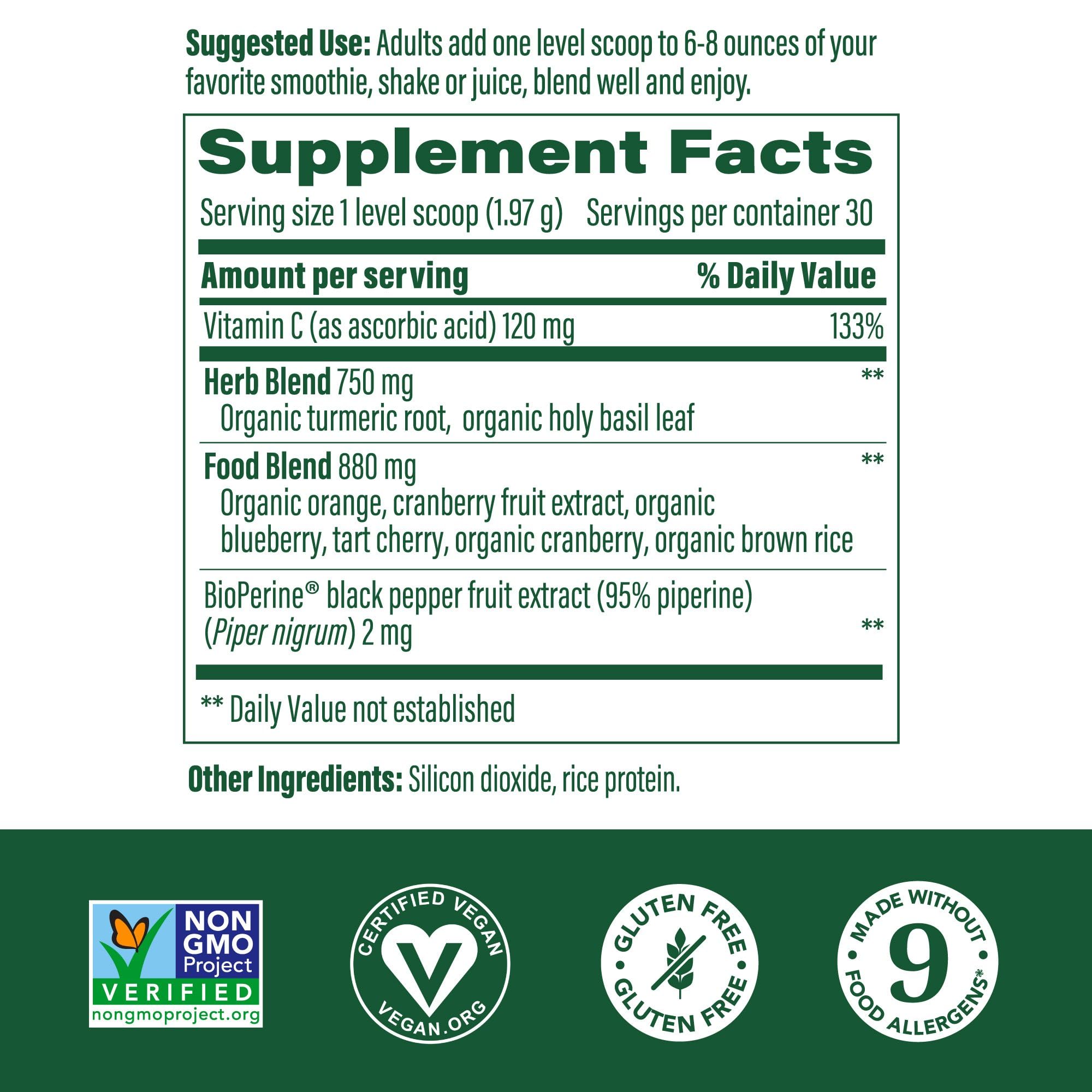 Front of MegaFood packaging showing allergen-free turmeric blend for everyday support