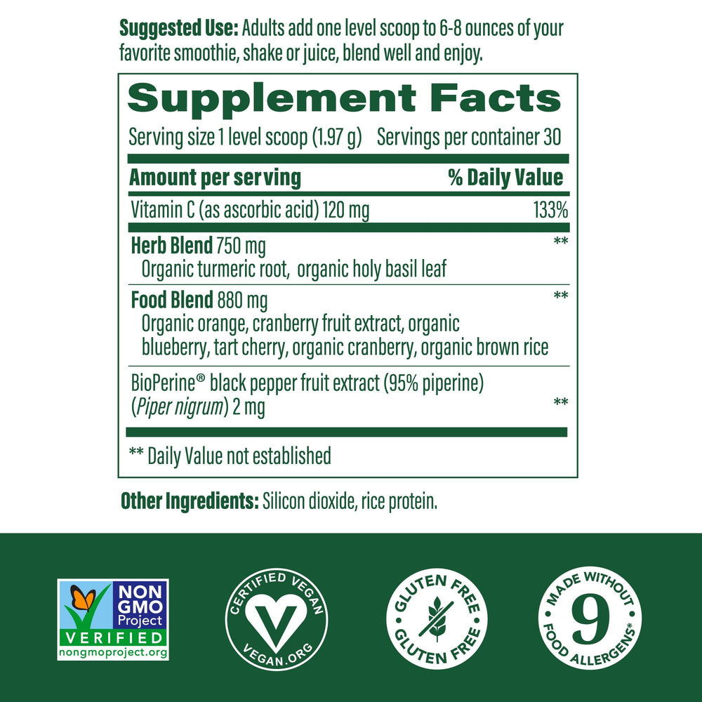 Front of MegaFood packaging showing allergen-free turmeric blend for everyday support