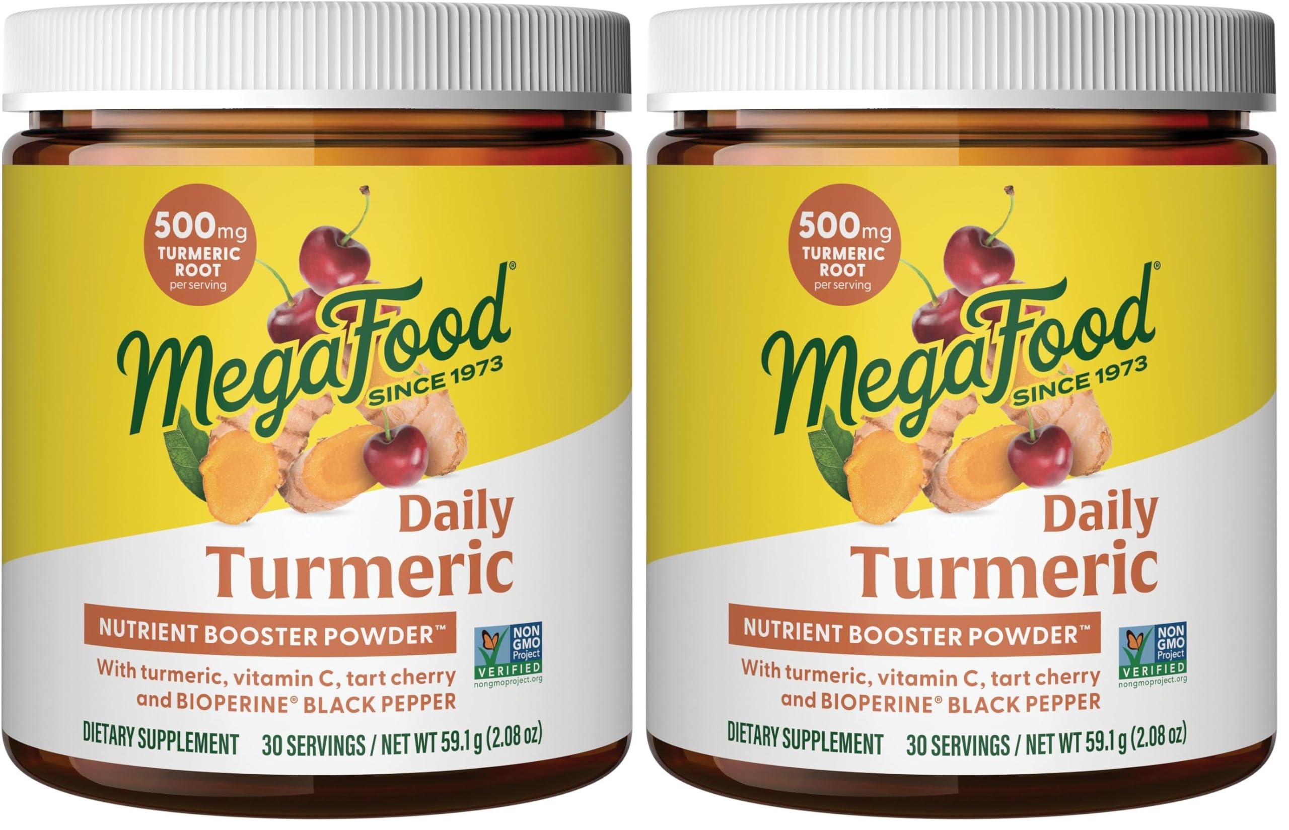 MegaFood Daily Turmeric booster powder tub close-up highlighting vegan formula for daily wellness