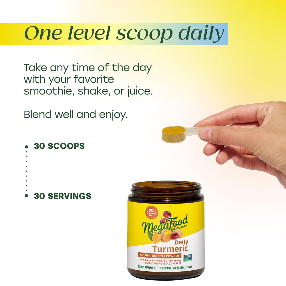 MegaFood Daily Turmeric Powder ingredients blend highlights real fruit and grain components.