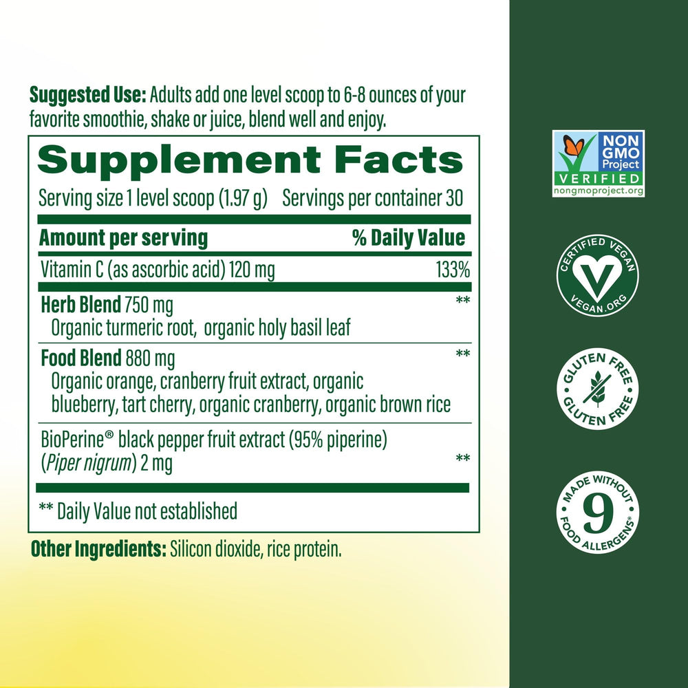 MegaFood Daily Turmeric Powder label close up highlights vegan non-GMO ingredients.