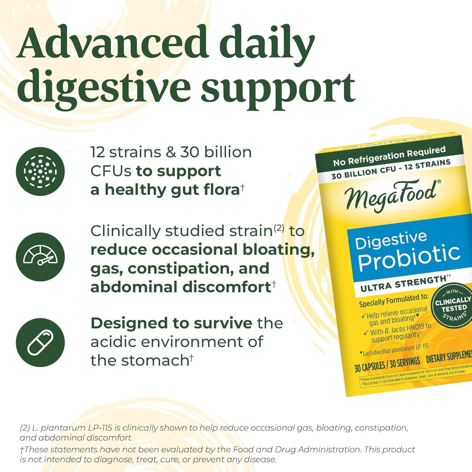 MegaFood Digestive Probiotic bottle label highlighting B. lactis HN019 and LP-115.