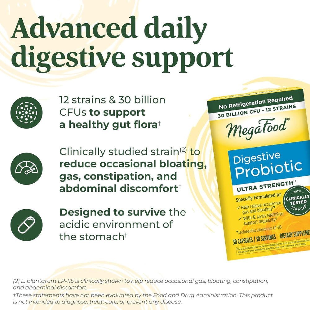 MegaFood Digestive Probiotic bottle label highlighting B. lactis HN019 and LP-115.