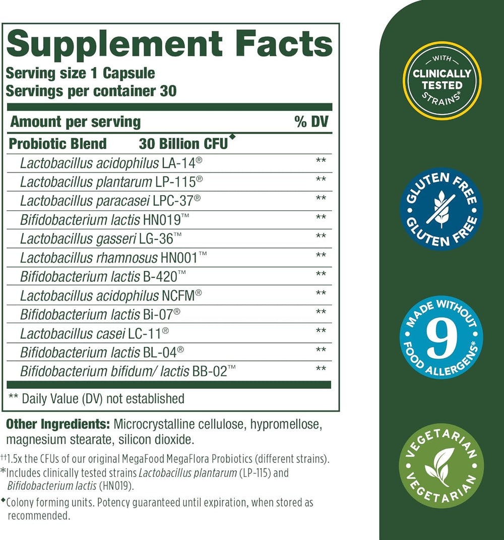 MegaFood Digestive Probiotic capsule close-up supporting regularity with multiple strains.