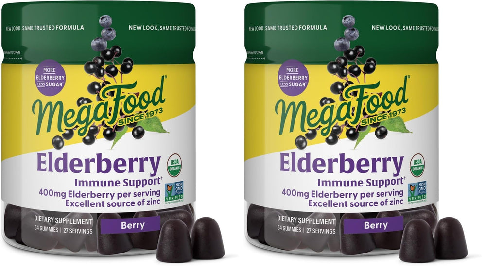 MegaFood Elderberry immune gummies packaging highlighting vegan, gluten-free immune support