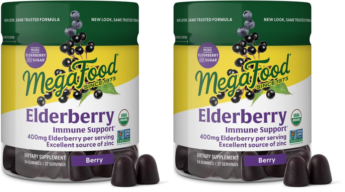 MegaFood Elderberry immune gummies packaging highlighting vegan, gluten-free immune support