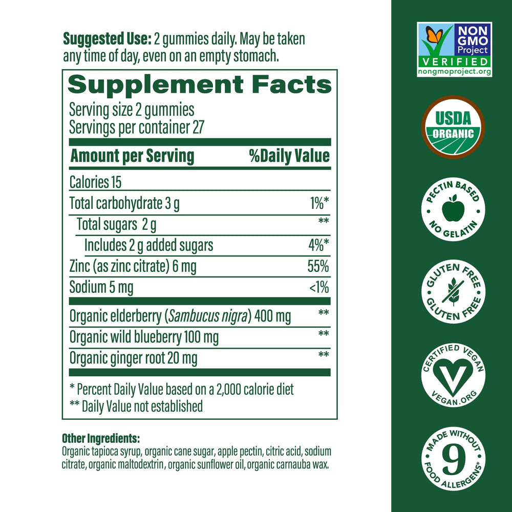 MegaFood Elderberry immune gummies zinc boost close-up emphasizing added zinc