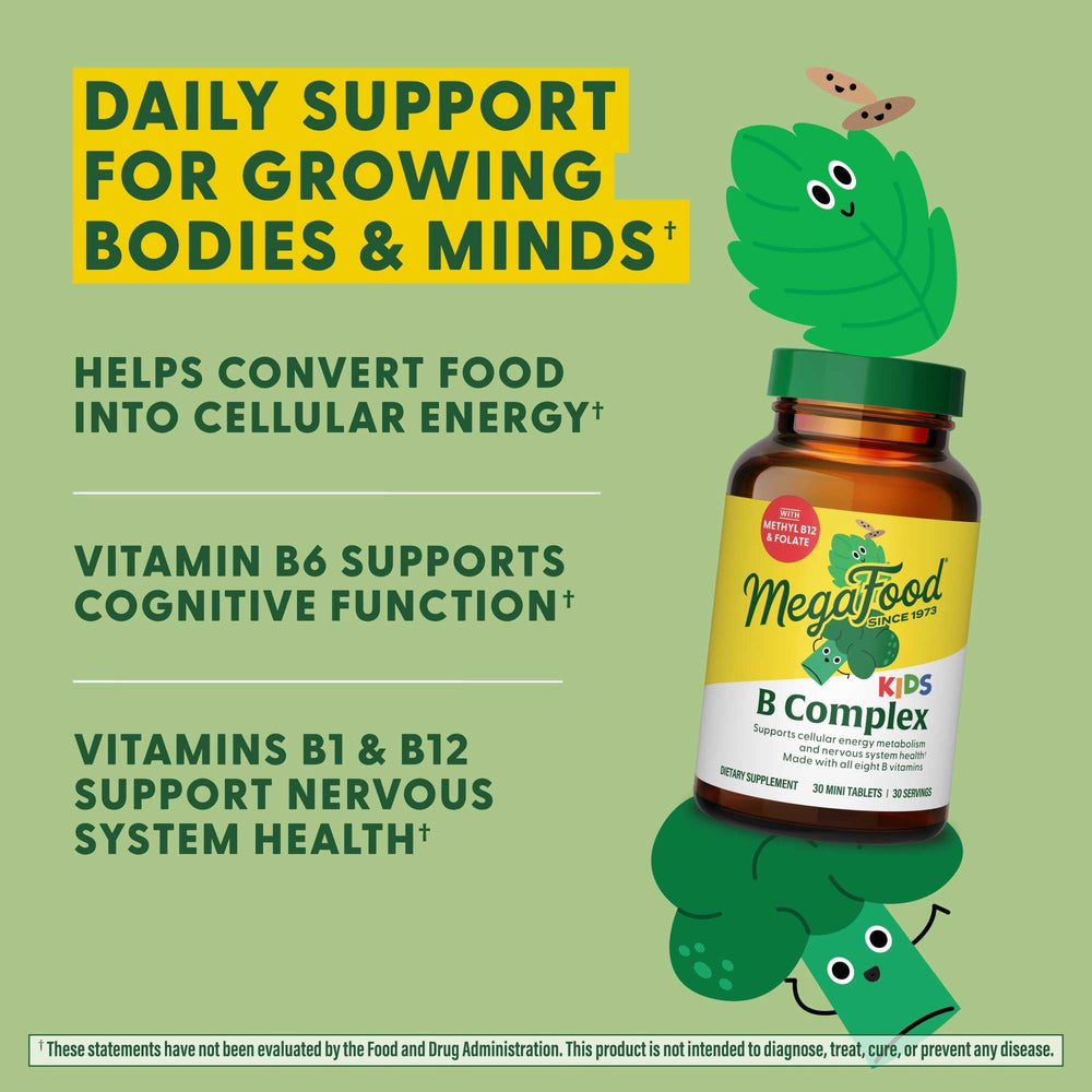 MegaFood Kids B Complex label detailing allergen-free and kosher certification
